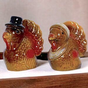 Thanksgiving Harvest Turkey Salt and Pepper Shaker Ceramic Set Rustic Fall Color